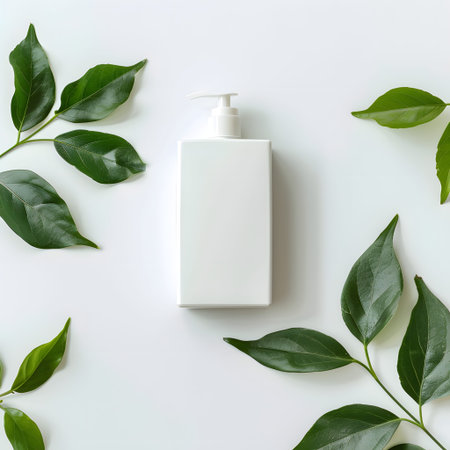 White tube of care product among the leaves on a white background. The concept of natural herbal cosmetics. Mockupの素材