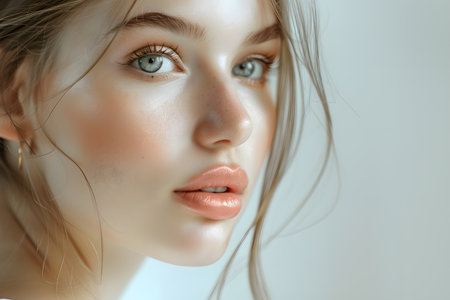 beautiful girl on white background, Beautiful skin and healthy hair of woman, natural makeup, cosmetic conceptの素材