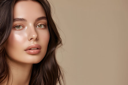 beautiful girl on a beige background, Beautiful skin and healthy hair of a woman, natural makeup, cosmetic conceptの素材