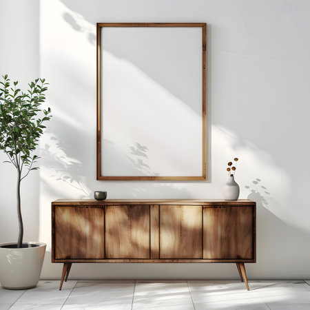 vertical frame mockup in modern interior with chest of drawers and plants. Empty frame over a wooden chest of drawers with beautiful decor. modern style, frame mockup, 3d renderingの素材