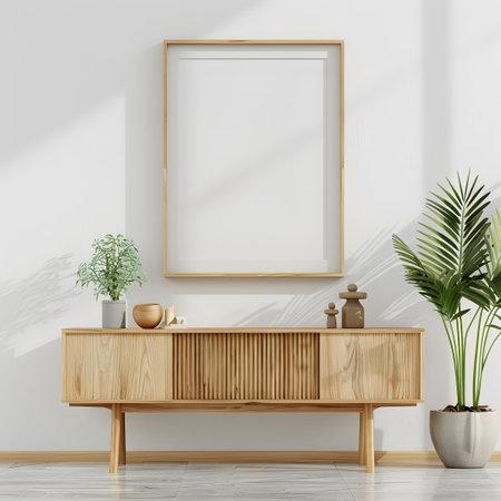 vertical frame mockup in modern interior with chest of drawers and plants. Empty frame over a wooden chest of drawers with beautiful decor. modern style, frame mockup, 3d renderingの素材