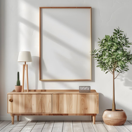 vertical frame mockup in modern interior with chest of drawers and plants. Empty frame over a wooden chest of drawers with beautiful decor. modern style, frame mockup, 3d renderingの素材