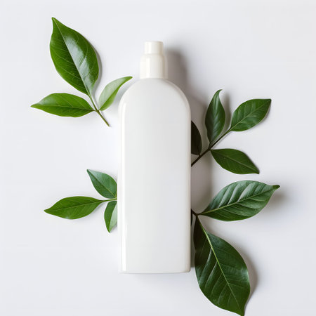White tube of care product among the leaves on a white background. The concept of natural herbal cosmetics. Mockupの素材