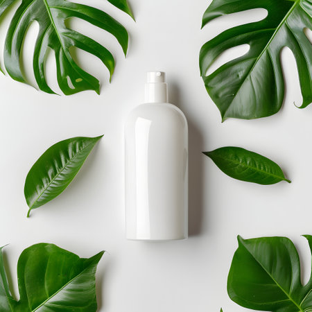 White tube of care product among the leaves on a white background. The concept of natural herbal cosmetics. Mockupの素材