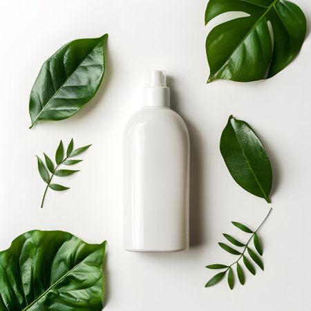 White tube of care product among the leaves on a white background. The concept of natural herbal cosmetics. Mockupの素材