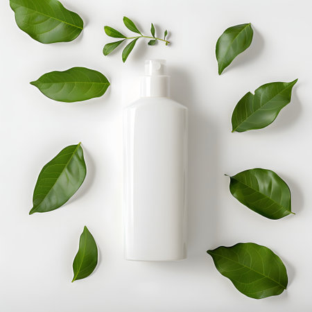 White tube of care product among the leaves on a white background. The concept of natural herbal cosmetics. Mockupの素材