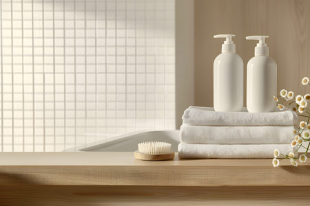 An illustration of a shampoo bottle next to towels in the bathroom. bathroom accessories. bottle of care product without insert label. modern designの素材