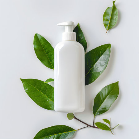 White tube of care product among the leaves on a white background. The concept of natural herbal cosmetics. Mockupの素材