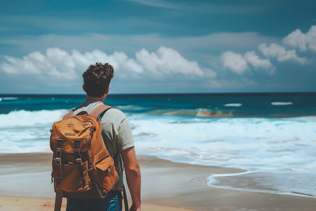 a man with a backpack on the beach looks at the sea. rear view of standing on the beach facing the sea. Power of natureの素材