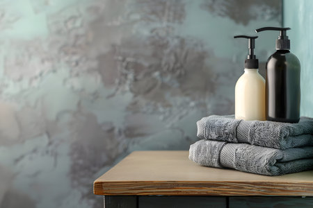 An illustration of a shampoo bottle next to towels in the bathroom. bathroom accessories. bottle of care product without insert label. modern designの素材