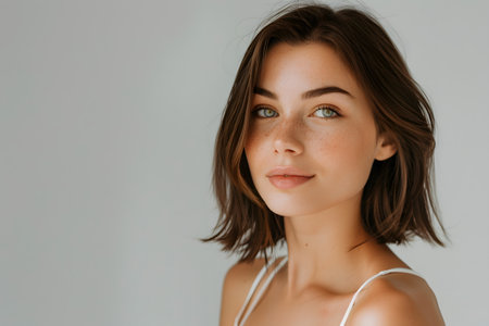 beautiful girl on white background, Beautiful skin and healthy hair of woman, natural makeup, cosmetic conceptの素材