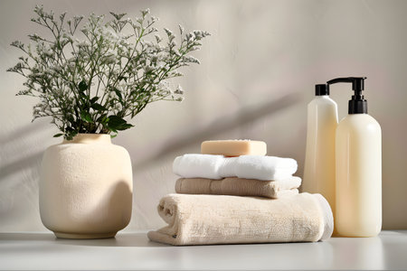 An illustration of a shampoo bottle next to towels in the bathroom. bathroom accessories. bottle of care product without insert label. modern designの素材