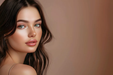 beautiful girl on a beige background, Beautiful skin and healthy hair of a woman, natural makeup, cosmetic conceptの素材