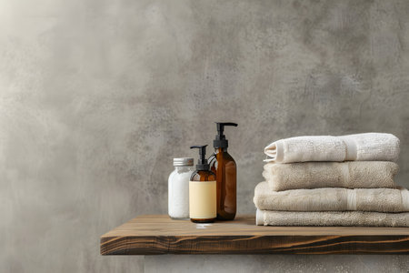 An illustration of a shampoo bottle next to towels in the bathroom. bathroom accessories. bottle of care product without insert label. modern designの素材