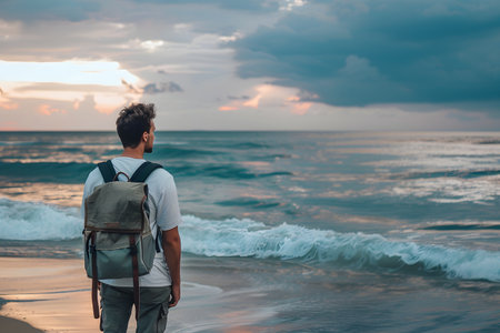 a man with a backpack on the beach looks at the sea. rear view of standing on the beach facing the sea. Power of natureの素材