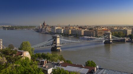 Budapest Chain bridge and parliament at daytimeの写真素材