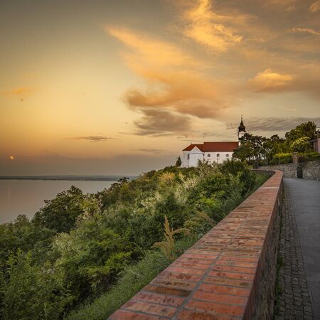 Tihany Abbey at Lake Balaton at sunsetの写真素材