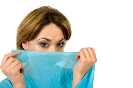 girl with a blue scarf over whiteの写真素材