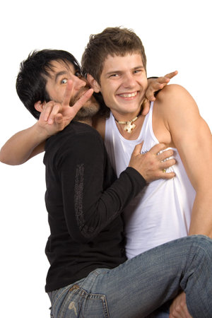 Stupid joke. Two young man isolate on white.