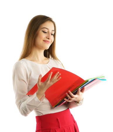 Cute young student girl read red foldersの写真素材