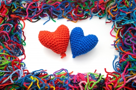 woolen picture with colors heartsの写真素材