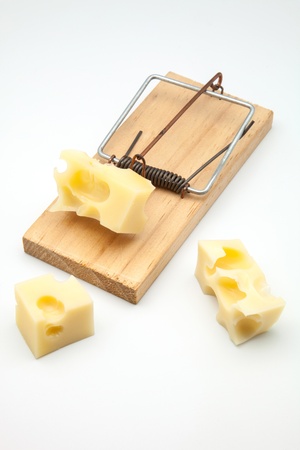 mousetrap with cheese on white backgroundの写真素材
