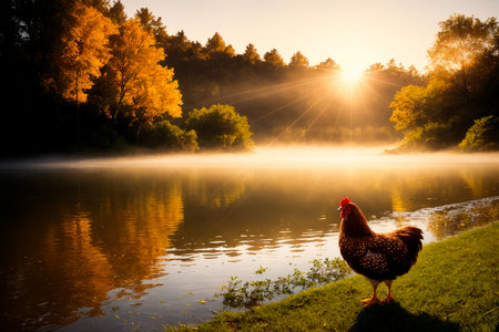 Red chicken on a farm in nature. Hen in a free range farm. Chicken walking in the farm yard. Generative AI.の素材