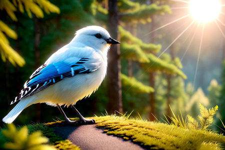 White cute bird in forest. digital painting art. Generative AI.の素材