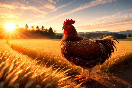 Red chicken on a farm in nature. Hen in a free range farm. Chicken walking in the farm yard. Generative AI.の素材