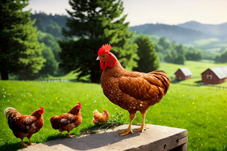 Red chicken on a farm in nature. Hen in a free range farm. Chicken walking in the farm yard. Generative AI.の素材