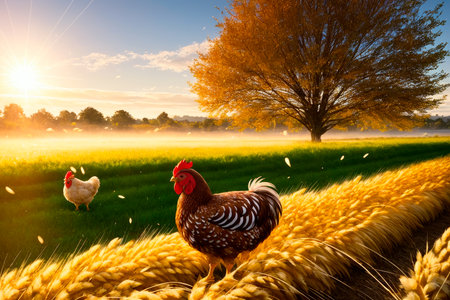 Red chicken on a farm in nature. Hen in a free range farm. Chicken walking in the farm yard. Generative AI.の素材