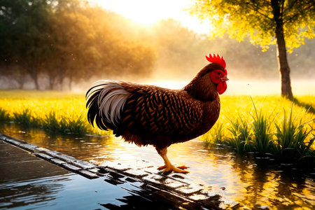 Red chicken on a farm in nature. Hen in a free range farm. Chicken walking in the farm yard. Generative AI.の素材