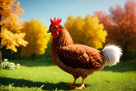 Red chicken on a farm in nature. Hen in a free range farm. Chicken walking in the farm yard. Generative AI.の素材
