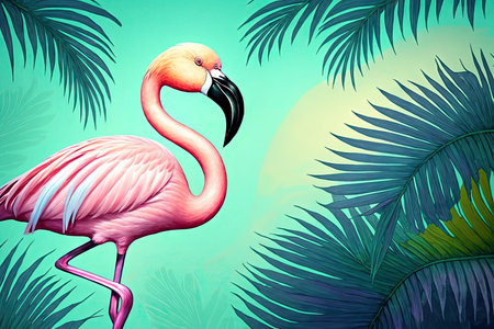 Pink flamingos painting on the moonlight in tropical night. summer night scene. Creative caribbean concept. Minimal art composition. Generative AI.の素材