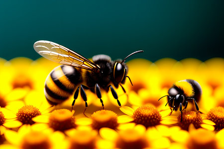 Flying Bee with flower on blurry background - digital painting art. Generative AI.の素材