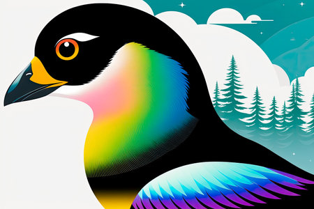 Digital color art painting of harlequin duck (Histrionicus histrionicus) in profile on nature background. Generative AI.の素材