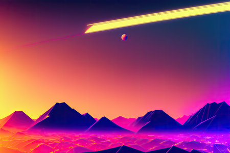 80s synthwave styled landscape, retrowave wireframe mountains, neon lines over arcade space planet canyon. Generative AI.の素材