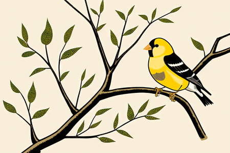 A colorful drawing of a yellow bird (American Goldfinch). art style. Generative AI.の素材