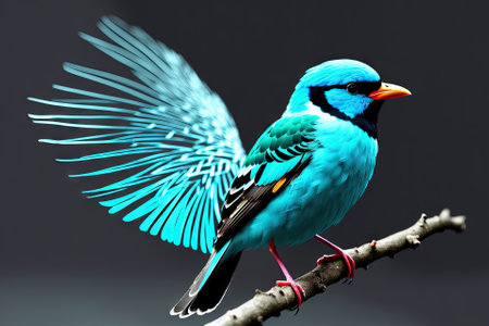 The blue or turquoise small passerine bird sitting on a branch in the rainforest with a dark background, generative ai.の素材