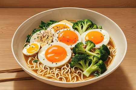 Ramen noodles with shrimp, broccoli, spinach and boiled egg, generative ai, top view. Delicious asian style lunchの素材