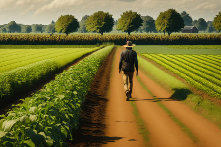 Close up of a person walking on the dirty field road, dirt road shoes, rough boots. Generative AI.の素材