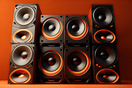 A bunch of music speakers in sound recording studio, professional hi-end loudspeakers, generative ai.の素材