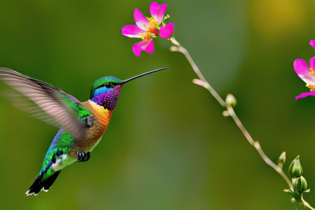 Hummingbird flying near the flower, blurry background, generative ai.の素材