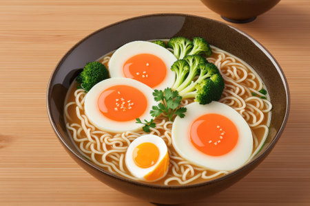 Ramen noodles with shrimp, broccoli, spinach and boiled egg, generative ai, top view. Delicious asian style lunchの素材