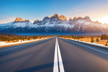 A long straight road leading towards a snow capped mountain, generative ai.の素材