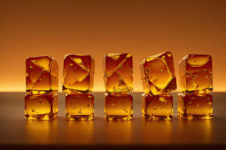 Amber yellow Ice cubes on pastel color background. concept art. Minimal surrealism. golden tone, generative ai.の素材