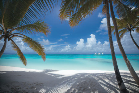 A white sand beach, turquoise sea and palm trees, generative ai artの素材
