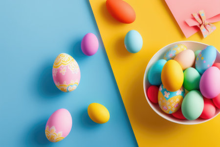 Colorful Easter eggs for holiday celebration, generative ai, pastelle color background.の素材