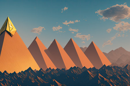 Sci-fi landscape with 3D mountain pyramids in retrofuturistic synthwave style, orange light, generative ai artの素材