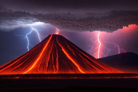 Night landscape with volcano and burning lava. Volcano eruption, fantasy landscape, generative ai artの素材
